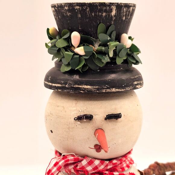 Primitive Snowman Candle Holder Handcrafted Folk Art Christmas Decor Black Hat - Picture 3 of 8